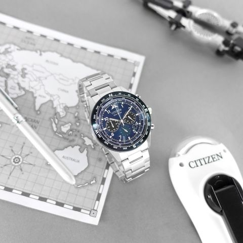 CITIZEN 星辰 表 / CA4554-84L / 光動能 三眼計時 日期 防水100米 不鏽鋼手錶 藍色 43mm