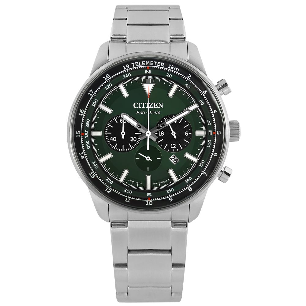 CITIZEN 星辰 / CA4500-91X / 光動能 三眼計時 日期 防水100米 不鏽鋼手錶 綠色 44mm