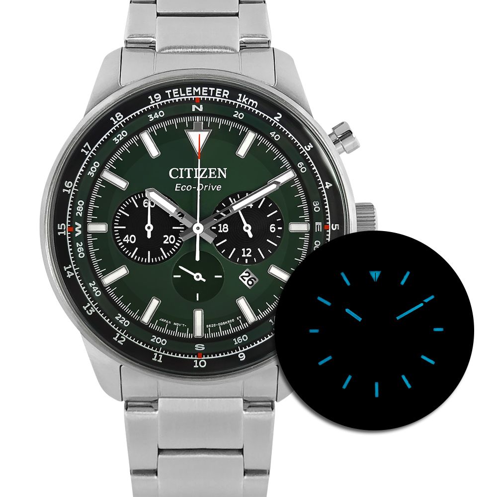 CITIZEN 星辰 / CA4500-91X / 光動能 三眼計時 日期 防水100米 不鏽鋼手錶 綠色 44mm