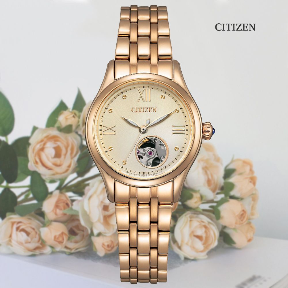 CITIZEN 星辰   LADYS 優雅羅馬字 小鏤空淑女機械錶-金色28.5mm(PR1043-80P 防水50米)