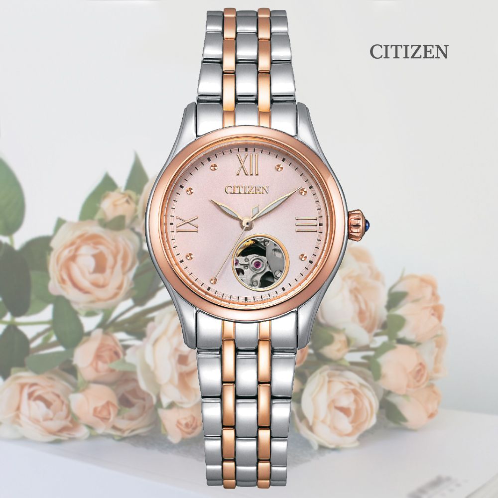 CITIZEN 星辰 LADYS 優雅羅馬字 小鏤空淑女機械錶-玫瑰金28.5mm(PR1044-87X 防水50米)