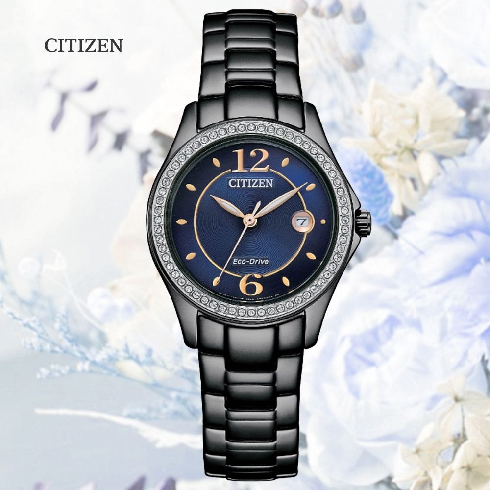 CITIZEN 星辰   LADYS 光動能 60顆水晶鑽 淑女腕錶-藍黑 29.5mm (FE1255-84L 防水50米)