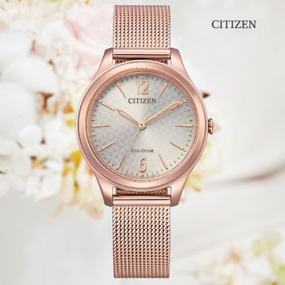 CITIZEN 星辰   LADYS 光動能 三角格紋 米蘭帶淑女腕錶-玫瑰金32mm (EM0508-80X 防水50米)