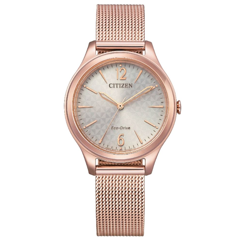 CITIZEN 星辰   LADYS 光動能 三角格紋 米蘭帶淑女腕錶-玫瑰金32mm (EM0508-80X 防水50米)