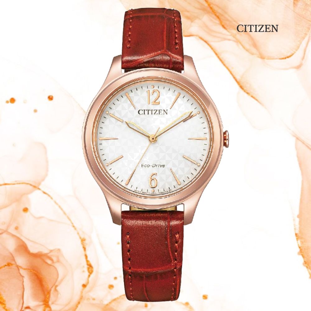 CITIZEN 星辰   LADYS 光動能 三角格紋面淑女腕錶-紅錶帶32mm(EM0508-12A 防水50米)