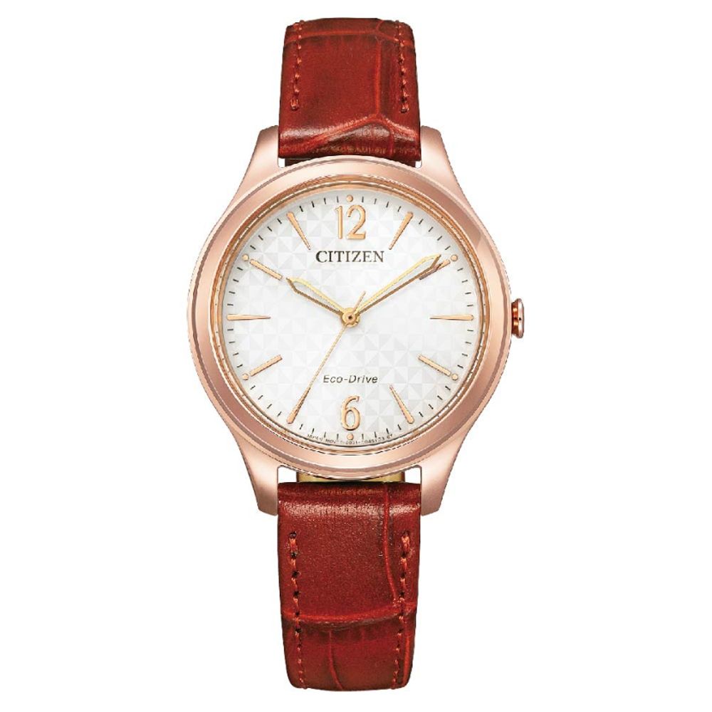 CITIZEN 星辰   LADYS 光動能 三角格紋面淑女腕錶-紅錶帶32mm(EM0508-12A 防水50米)