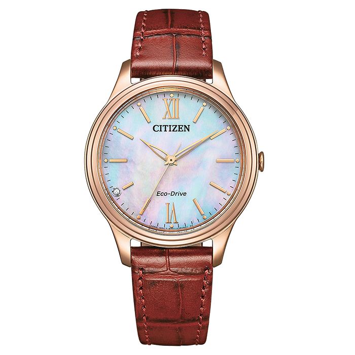 CITIZEN 星辰  Eco-Drive光動能 EM0419-11D 羅馬字 藍寶石鏡面 皮錶帶女錶 玫瑰金 34mm