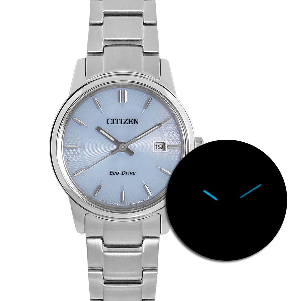 CITIZEN 星辰 / EW2318-73L / 光動能 藍寶石水晶玻璃 日期 不鏽鋼女錶 冰河藍色 27mm