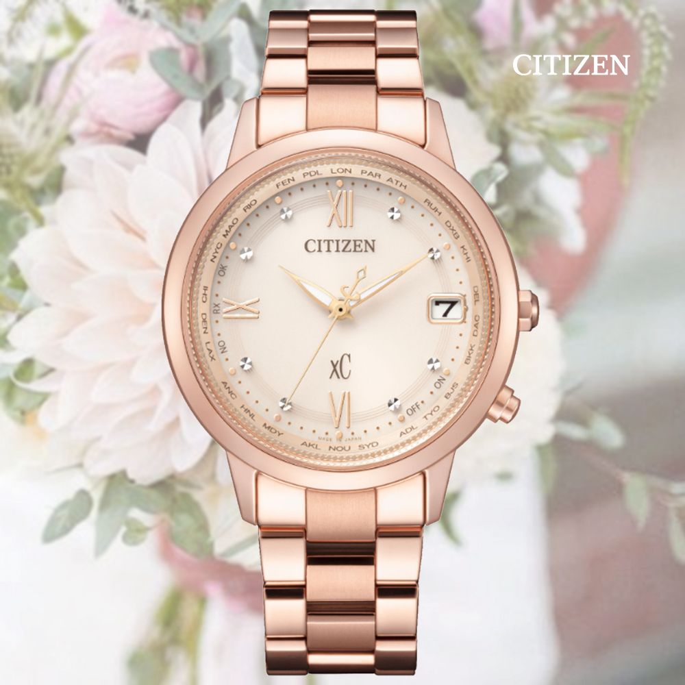 CITIZEN 星辰   xC 亞洲限定 光動能 輕量鈦金屬 電波對時淑女腕錶-玫瑰金36mm(CB1132-51W 防水50米)