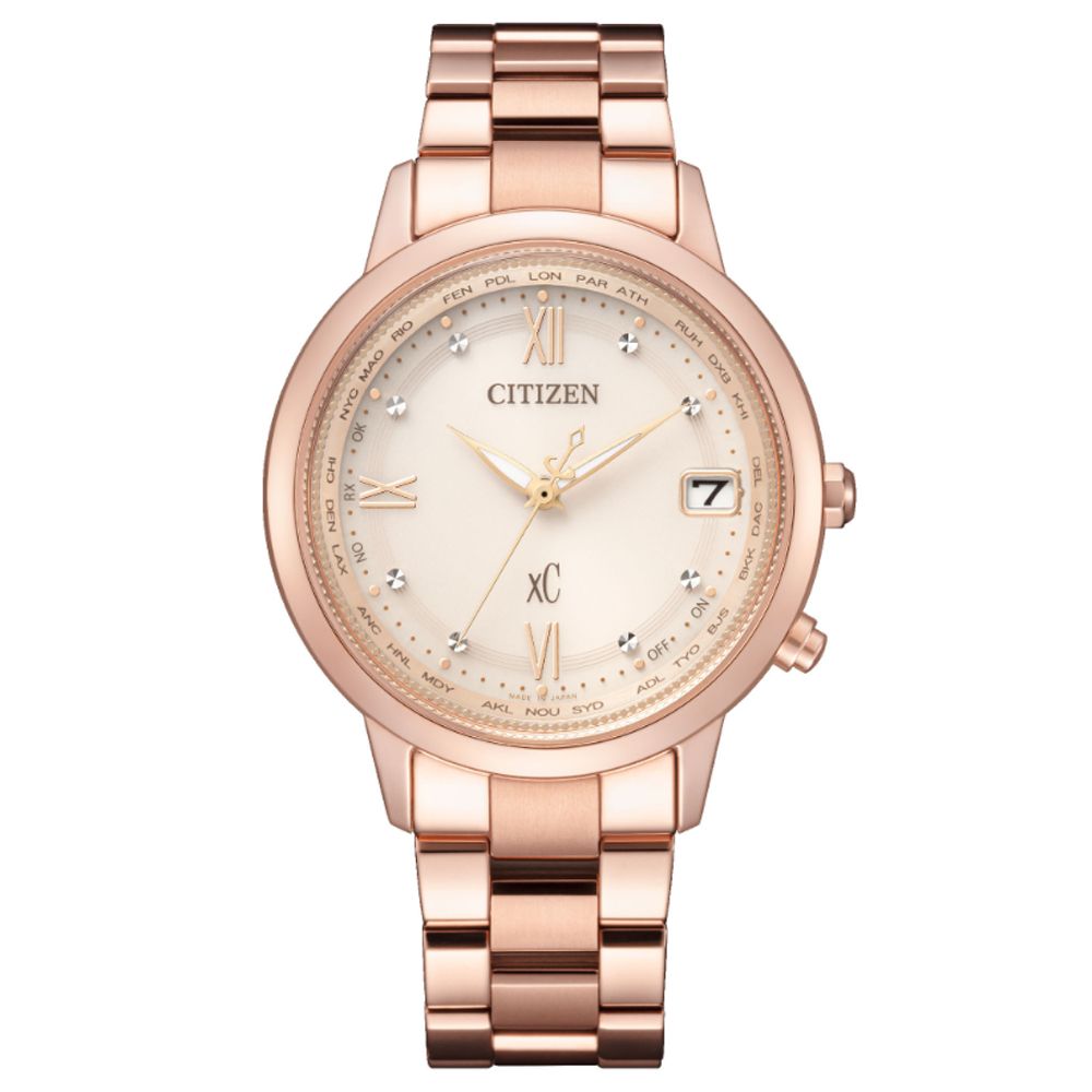 CITIZEN 星辰   xC 亞洲限定 光動能 輕量鈦金屬 電波對時淑女腕錶-玫瑰金36mm(CB1132-51W 防水50米)