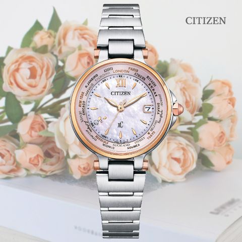 CITIZEN 星辰 xC 光動能 電波對時 白蝶貝雙色淑女腕錶-29mm (EC1011-62W 防水50米)