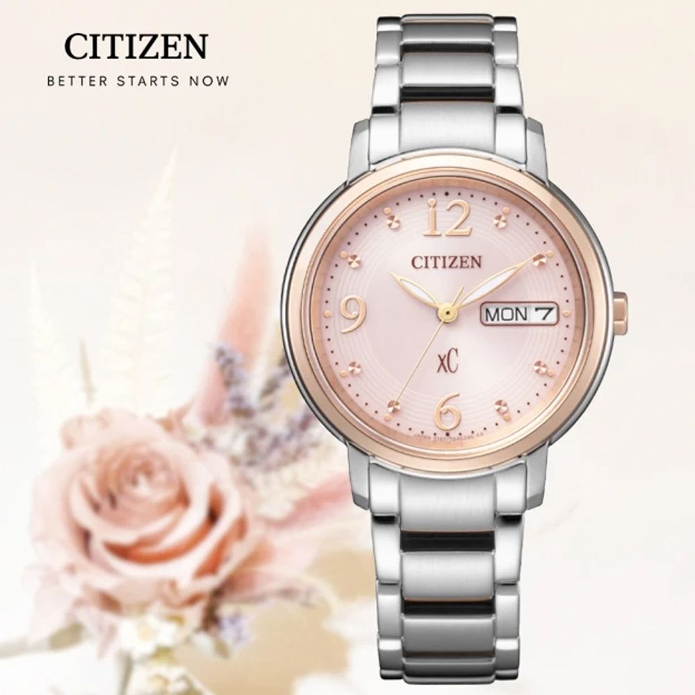 CITIZEN 星辰   xC 亞洲限定款 光動能 不鏽鋼淑女腕錶-玫瑰金X銀32.5mm (EW2425-57W 防水50米)