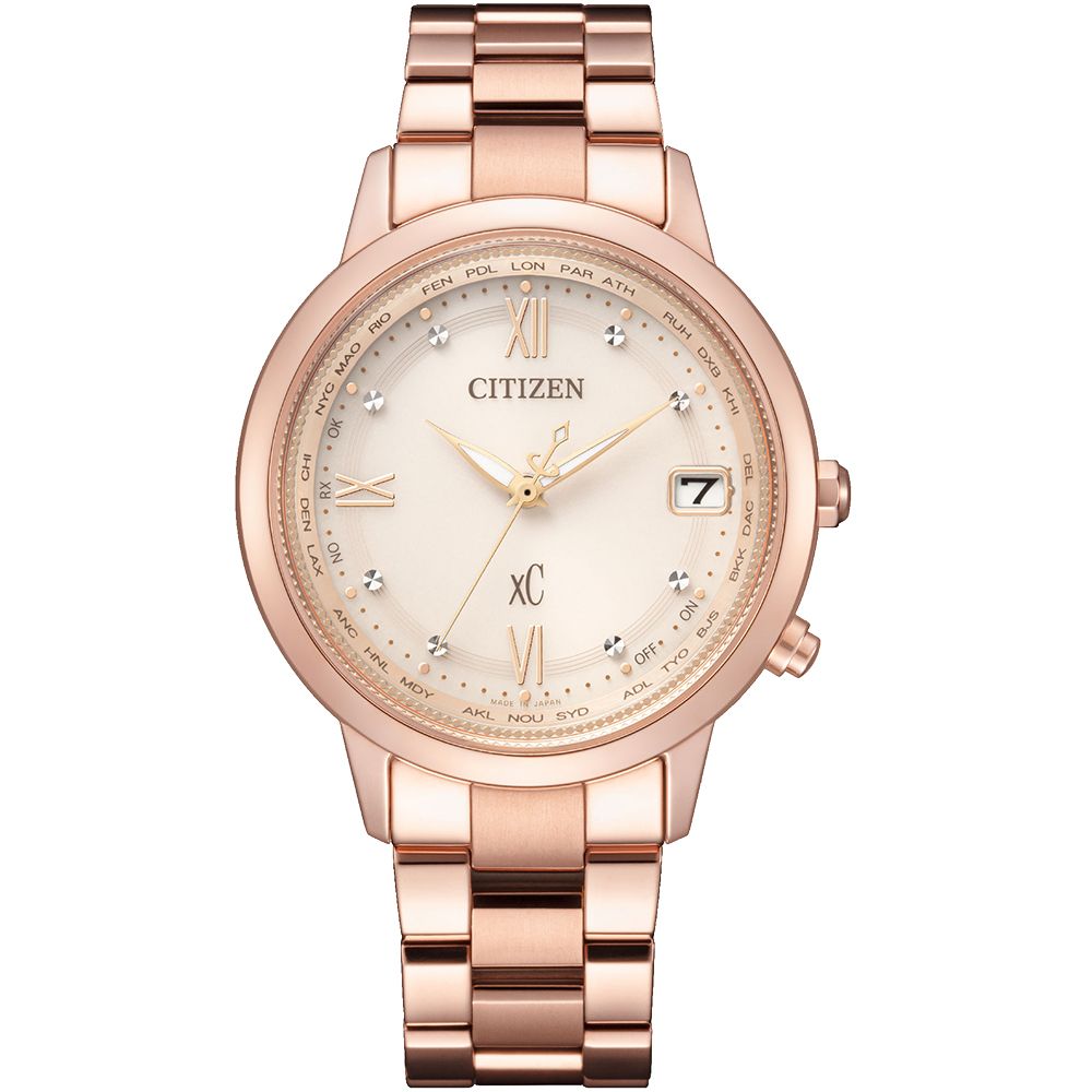 CITIZEN 星辰 xC 亞洲限定款光動能鈦金屬電波對時錶/玫瑰金/36mm/CB1132-51W