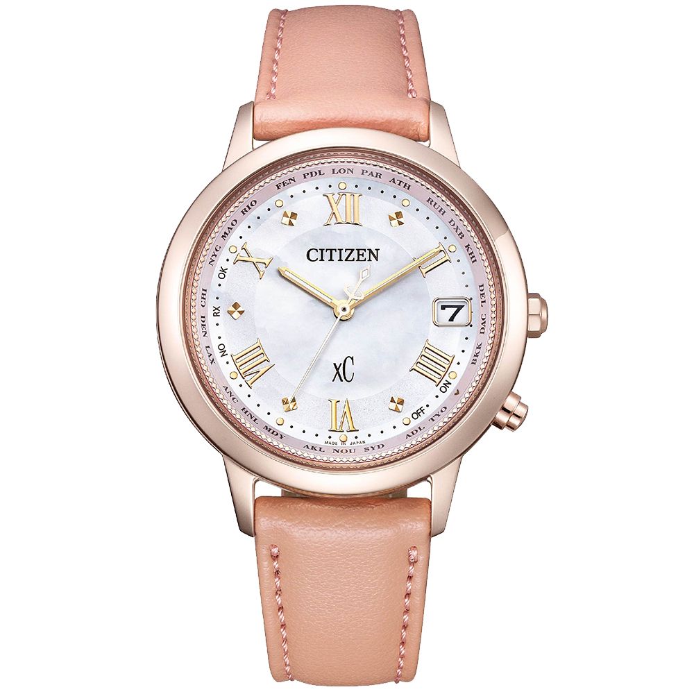 CITIZEN 星辰 xC 代言人廣告款光動能鈦金屬電波對時錶組/櫻花粉紅金/36mm/CB1137-65W