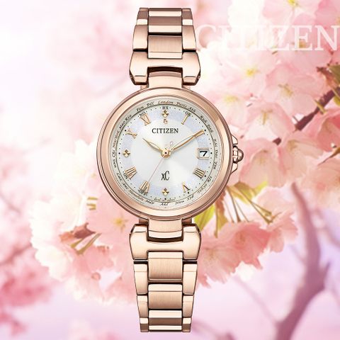 CITIZEN 星辰 xC 亞洲限定 光動能 電波對時 櫻花粉紅金淑女錶-27.8mm EC1037-69A 防水50米