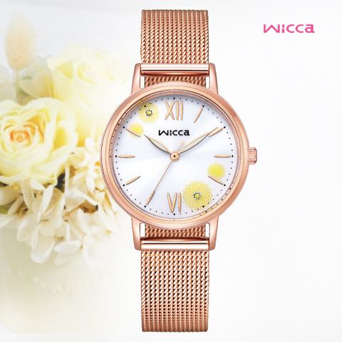 CITIZEN 星辰 Wicca 少女系列 太陽能水晶鑲嵌米蘭帶淑女腕錶-玫瑰金30.2mm KP5-166-21