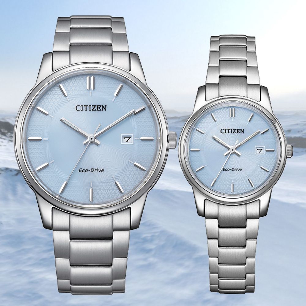 CITIZEN 星辰   PAIR 光動能 日系簡約 大三針情侶錶對錶-冰雪藍(BM6978-77L/EW2318-73L)