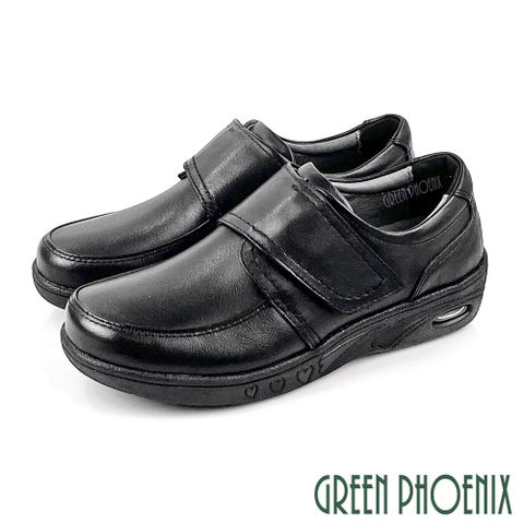 GREEN PHOENIX 波兒德 女鞋 休閒鞋 氣墊鞋 全黑工作鞋 皮鞋 輕量 厚底 全真皮 沾黏式U60-20191