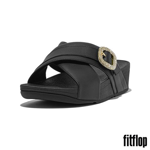 FitFlop LULU 水鑽扣環皮革十字交叉涼鞋-女(黑色)