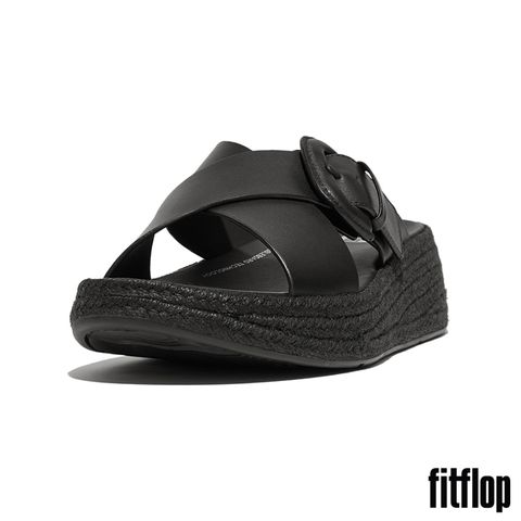 FitFlop F-MODE 草編扣環皮革厚底交叉涼鞋-女(黑色)