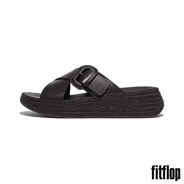 FitFlop F-MODE 草編扣環皮革厚底交叉涼鞋-女(黑色)