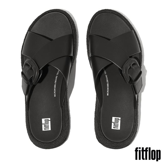 FitFlop F-MODE 草編扣環皮革厚底交叉涼鞋-女(黑色)