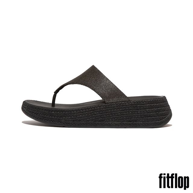 FitFlop F-MODE 草編亮片帆布厚底夾腳涼鞋-女(黑色)