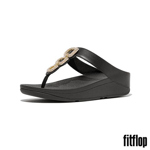 FitFlop FINO 水鑽環鏈皮革夾腳涼鞋-女(黑色)