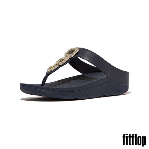 FitFlop FINO 水鑽環鏈皮革夾腳涼鞋-女(午夜藍)