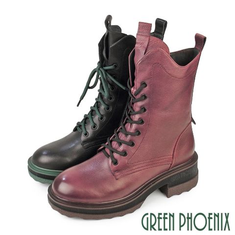 【GREEN PHOENIX 波兒德】女 馬丁靴 短靴 綁帶靴 軍靴 機車靴 厚底 牛皮 全真皮U21-24513