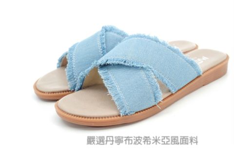 101玩Shoes MIT丹寧交叉波希米亞平底拖鞋 藍 36碼