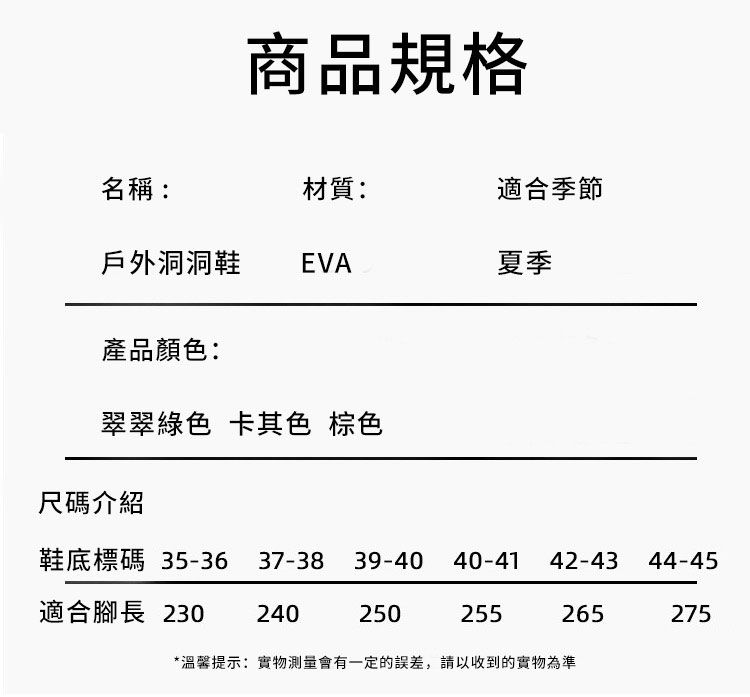 商品規格名稱:材質:適合季節戶外洞洞鞋EVA夏季產品顏色:翠翠綠色 卡其色 棕色尺碼介紹鞋底標碼 35-36 37-38 39-40 40-4142-43 44-45適合腳長 230 240250255265275*溫馨提示:實物測量會有一定的誤差,請以收到的實物為準