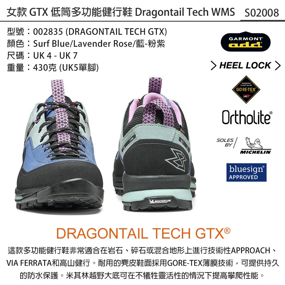 女款 GTX 低筒多功能健行鞋 Dragontail Tech WMS 型號:002835 DRAGONTAIL TECH GTX)顏色:Surf Blue/Lavender Rose/藍-粉紫尺碼:UK 4 - UK 7重量:430克(UK5單腳)MICHELINGARMONTadd HEEL LOCK    (GORE-TEXOrtholite®SOLESBYMICHELINbluesign®APPROVEDDRAGONTAIL TECH 這款多功能健行鞋非常適合在岩石碎石或混合地形上進行技術性APPROACH、VIA FERRATA和高山健行。耐用的麂皮鞋面採用GORE-TEX薄膜技術,可提供持久的防水保護。米其林越野大底可在不犧牲靈活性的情況下提高攀爬性能。