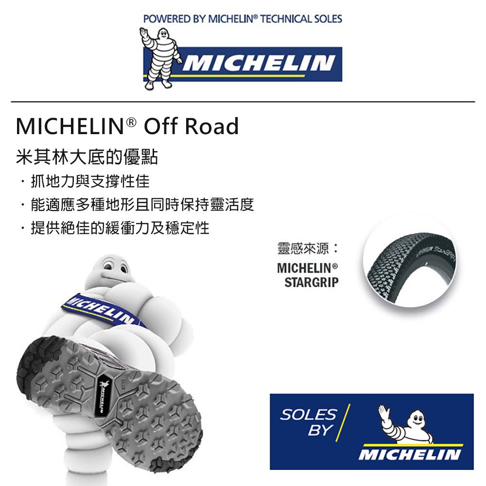 POWERED BY ® TECHNICAL SOLESMICHELINMICHELIN® Off Road米其林大底的優點抓地力與支撐性佳能適應多種地形且同時保持靈活度提供絕佳的緩衝力及穩定性靈感來源:MICHELIN ®STARGRIPMICHELINSOLESBYMICHELIN