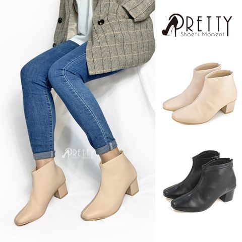 【Pretty】女 踝靴 短靴 粗高跟 微尖頭 素面 後拉鍊 台灣製BA-26359