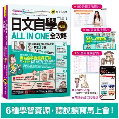 日文自學ALL IN ONE全攻略（初級）（附100分鐘老師真人教學文法影片＋100分鐘單字學習影片＋50音筆順練習表＋「Youtor App」內含VRP虛擬點讀筆）