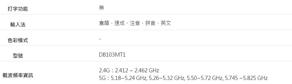 打字功能輸入法色彩模式型號無倉頡、速成、注音、拼音、英文載波頻率資訊DB103MT12.4G : 2.412  2.462 GHz5G :5.18~5.24 GHz, 5.26~5.32 GHz, 5.50~5.72 GHz, 5.745~5.825 GHz