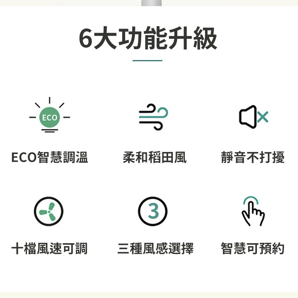 ECO6大功能升級ECO智慧調溫柔和稻田風靜音不打擾3十檔風速可調三種風感選擇智慧可預約