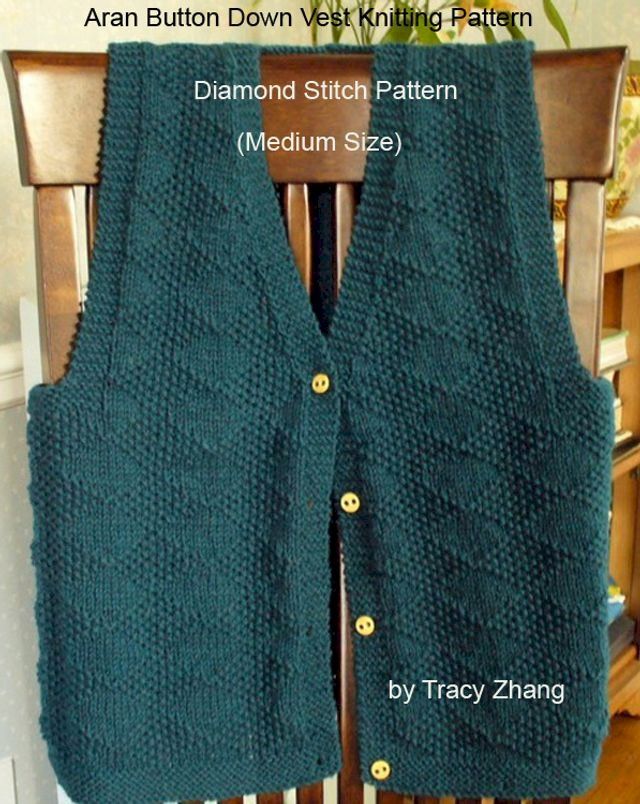  Aran Button Down Vest Knitting Pattern Diamond Stitch Pattern(Kobo/電子書)