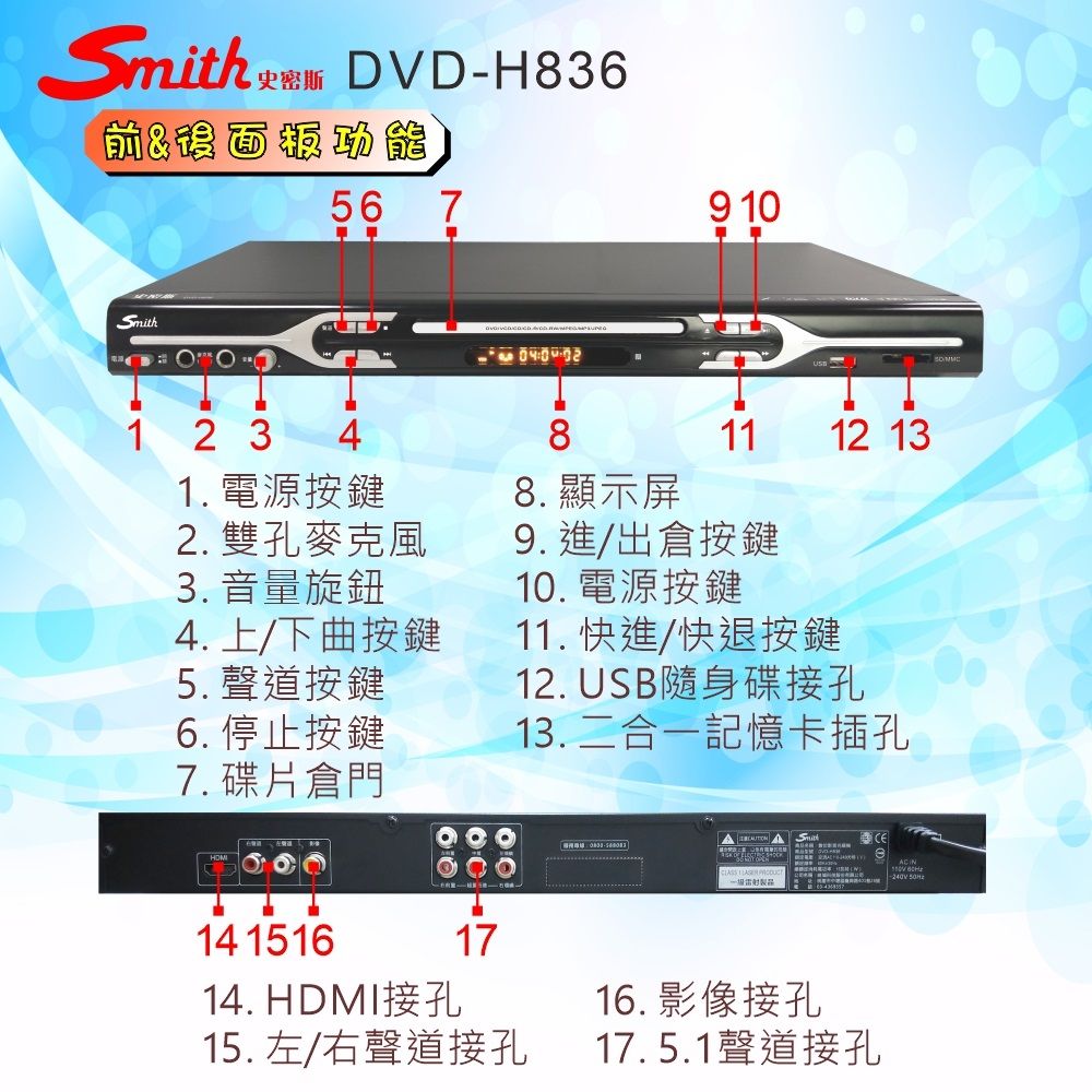 smith HDMI數位影音光碟機/AV5.1聲道DVD光碟機 DVD-H836