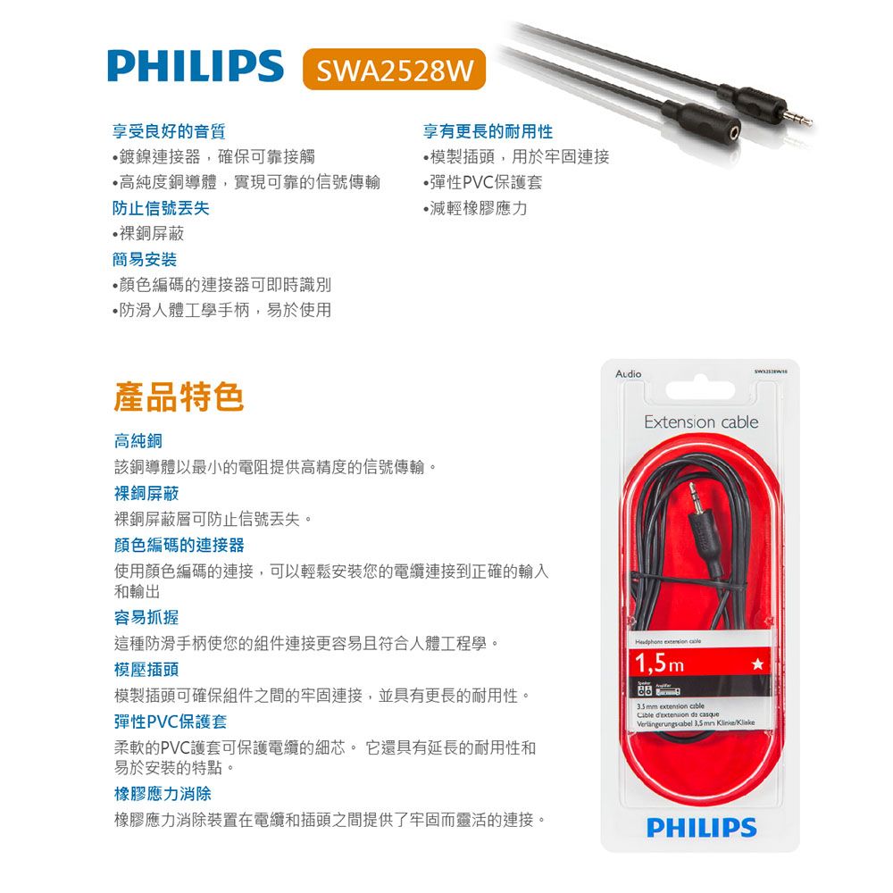 PHILIPS 飛利浦   SWA2528W/10 1.5M 3.5mm音源延長線