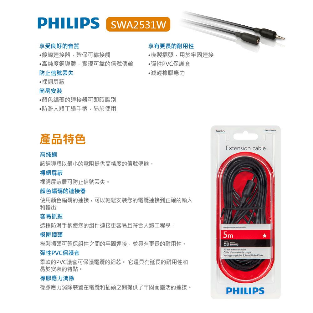 PHILIPS 飛利浦 (2入組)  5.0M 3.5mm音源延長線 SWA2531W/10-2