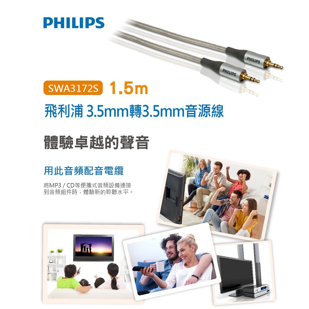 PHILIPS 飛利浦  1.5m 3.5mm轉3.5mm音源線-兩入組 SWA3172S/10-2