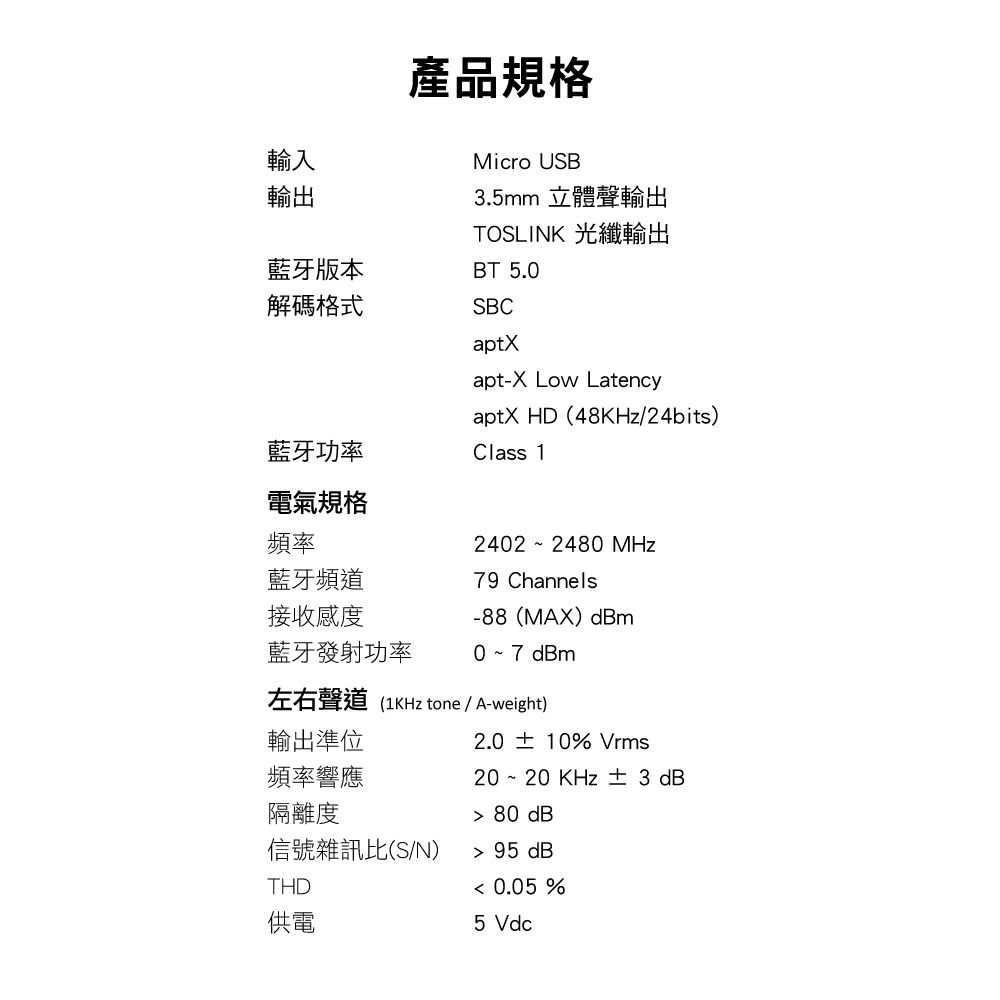 產品規格輸入輸出Micro USB3.5mm 立體聲輸出TOSLINK 光纖輸出藍牙版本BT 5.0解碼格式藍牙功率SBCaptXapt-X Low LatencyClass 1aptX HD(48KHz/24bits)電氣規格頻率2402~2480MHz藍牙頻道79 Channels接收感度-88(MAX) dBm藍牙發射功率0~7dBm輸出準位頻率響應左右聲道(1KHz tone / A-weight)2.0±10% Vrms20~20KHz ± 3 dB隔離度 80 dB信號雜訊(S/N)THD供電 95 dB 0.05 %5 Vdc