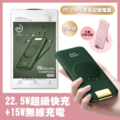 自帶四線 PD+QC電量顯示行動電源(軍墨綠)支援iPad/華為/三星/小米/PD20W快充 Macbook充電