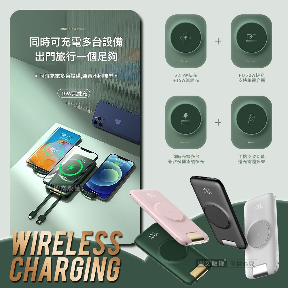 Multiple devices同時可充電多台設備出門旅行一個足夠 可同時充電多台設備,兼容不同機型。22.5W快充+15W無線充PD20W快充支持筆電充電15W無線充08:08WIRELESSCHARGING+同時充電多台兼容多種協議快充手機支架功能邊充電邊娛樂圖文版權侵權必究