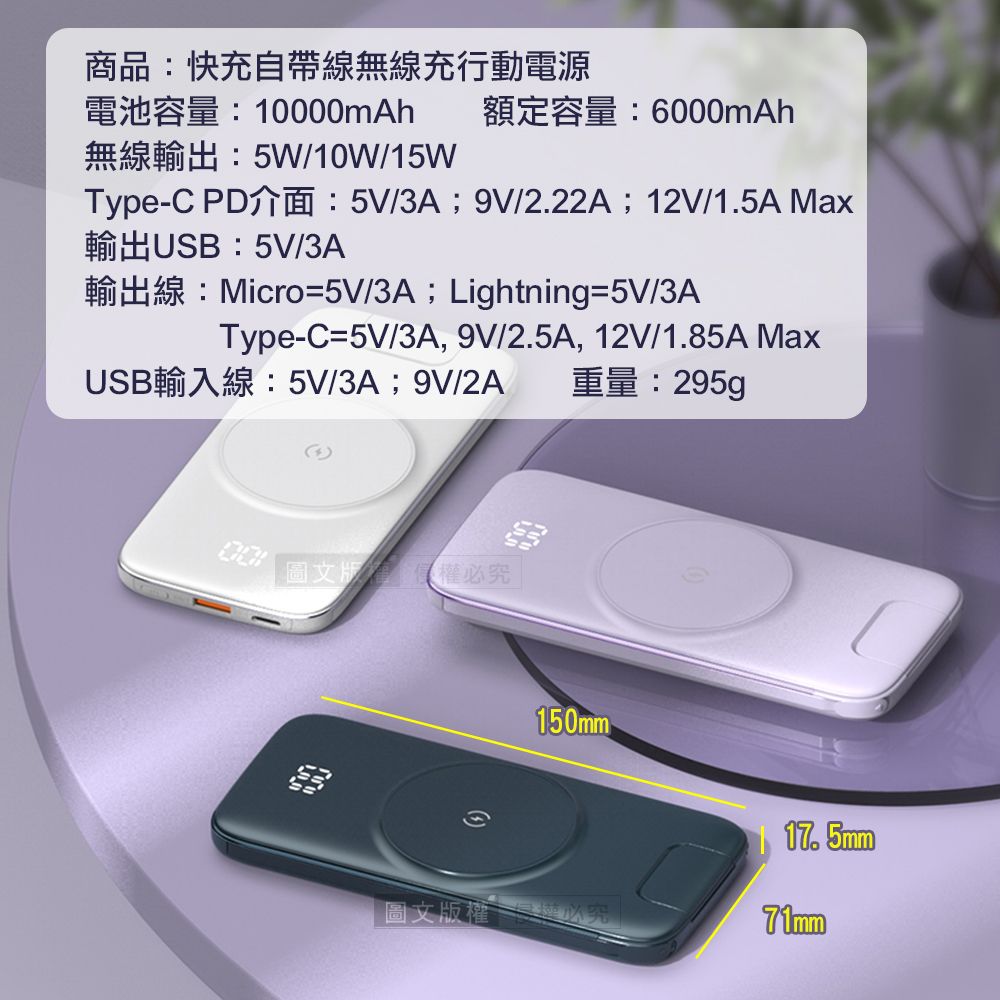 商品 快充自帶線無線充行動電源電池容量10000mAh 額定容量:6000mAh5W/10W/15WTypeC : 5V/3A 9V/2.22A  12V/1.5A MaxUSB: 5V/3AMicro5V/3A Lightning5V/3AType-C-5V/3A, 9V/2.5A, 12V/1.85A MaxUSB 5V/3A 9V/2A 重量:295g圖文版究150mm17.5mm圖文版權71mm