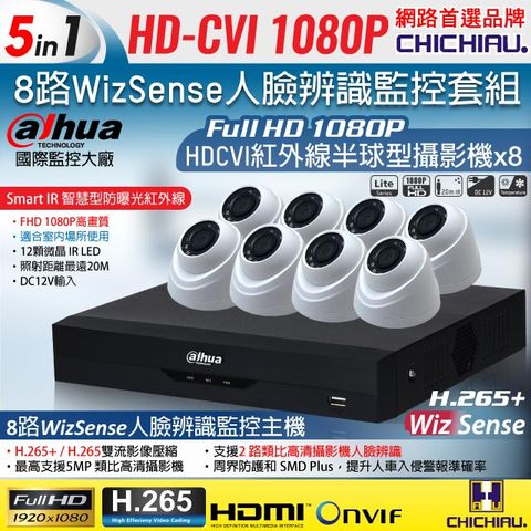 【CHICHIAU】Dahua大華 H.265 5MP 8路CVI 1080P數位遠端監控套組(含200萬紅外線半球型攝影機x8)