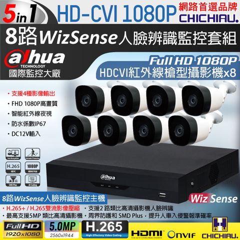 【CHICHIAU】Dahua大華 H.265 5MP 8路CVI 1080P數位遠端監控套組(含200萬紅外線槍機型攝影機x8)