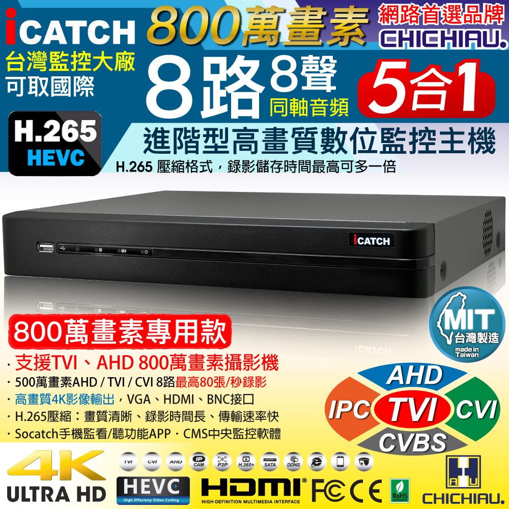 chichiau 奇巧 H.265 8路8聲同軸音頻 8MP 5MP台製iCATCH數位高清遠端監控錄影主機(有警報輸入) 支援8MP/5MP/4MP/1080P/720P/IPCAM/類比監視器攝影機